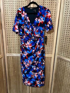 Maggy London Black Floral Wrap Midi Dress with Blue, Pink & Red Blooms Size 8